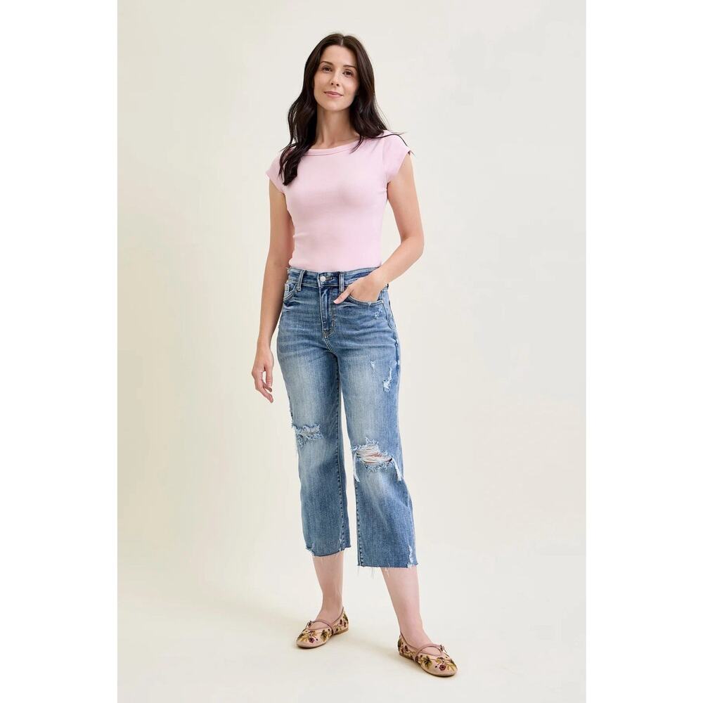 Judy Blue About Last Night Light Wash Wide Leg Crop Distressed Jeans Womens 3/26
